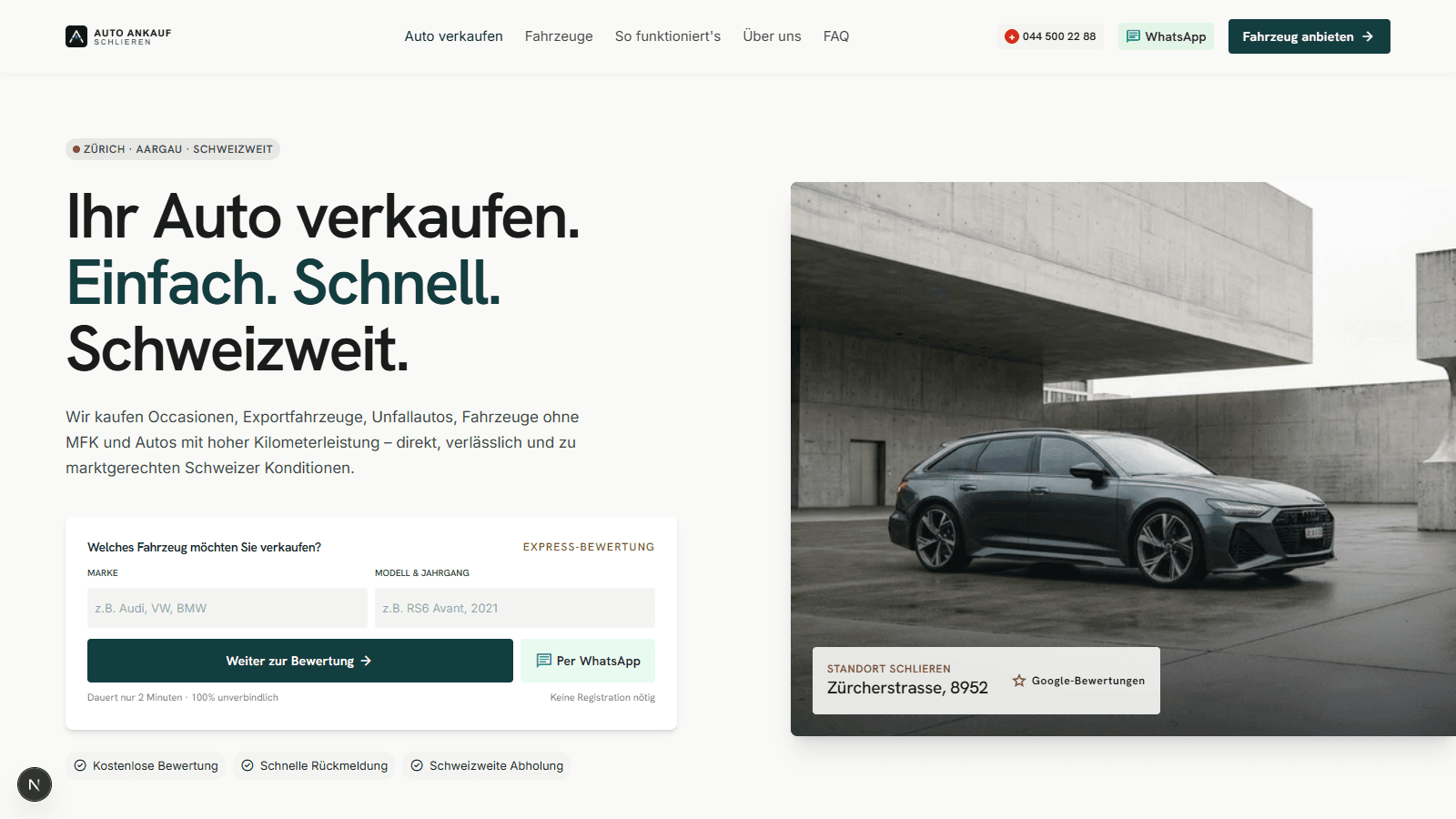 Website von Auto Ankauf Schlieren mit Fahrzeug-Bewertungsformular