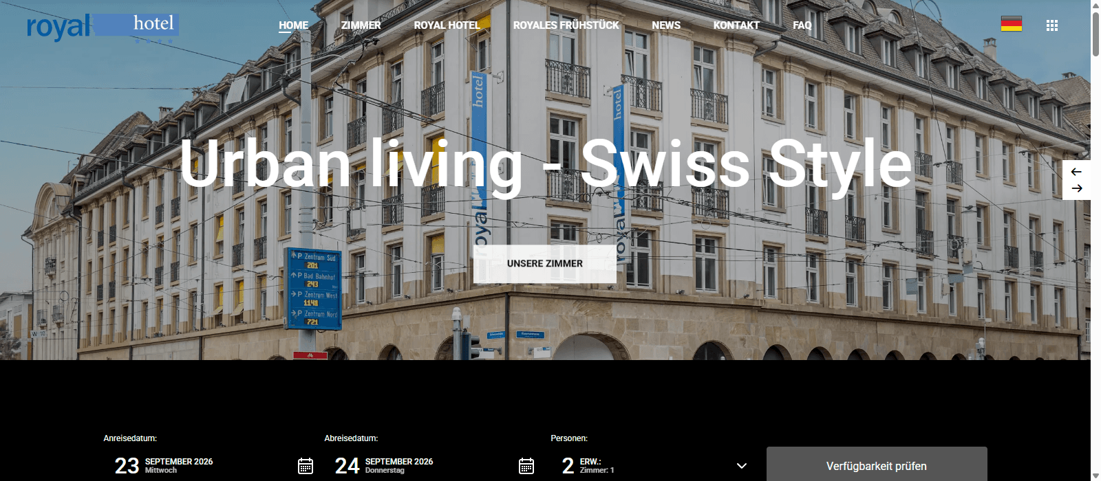 Website des Royal Hotel Basel mit Hero-Bild und Navigation